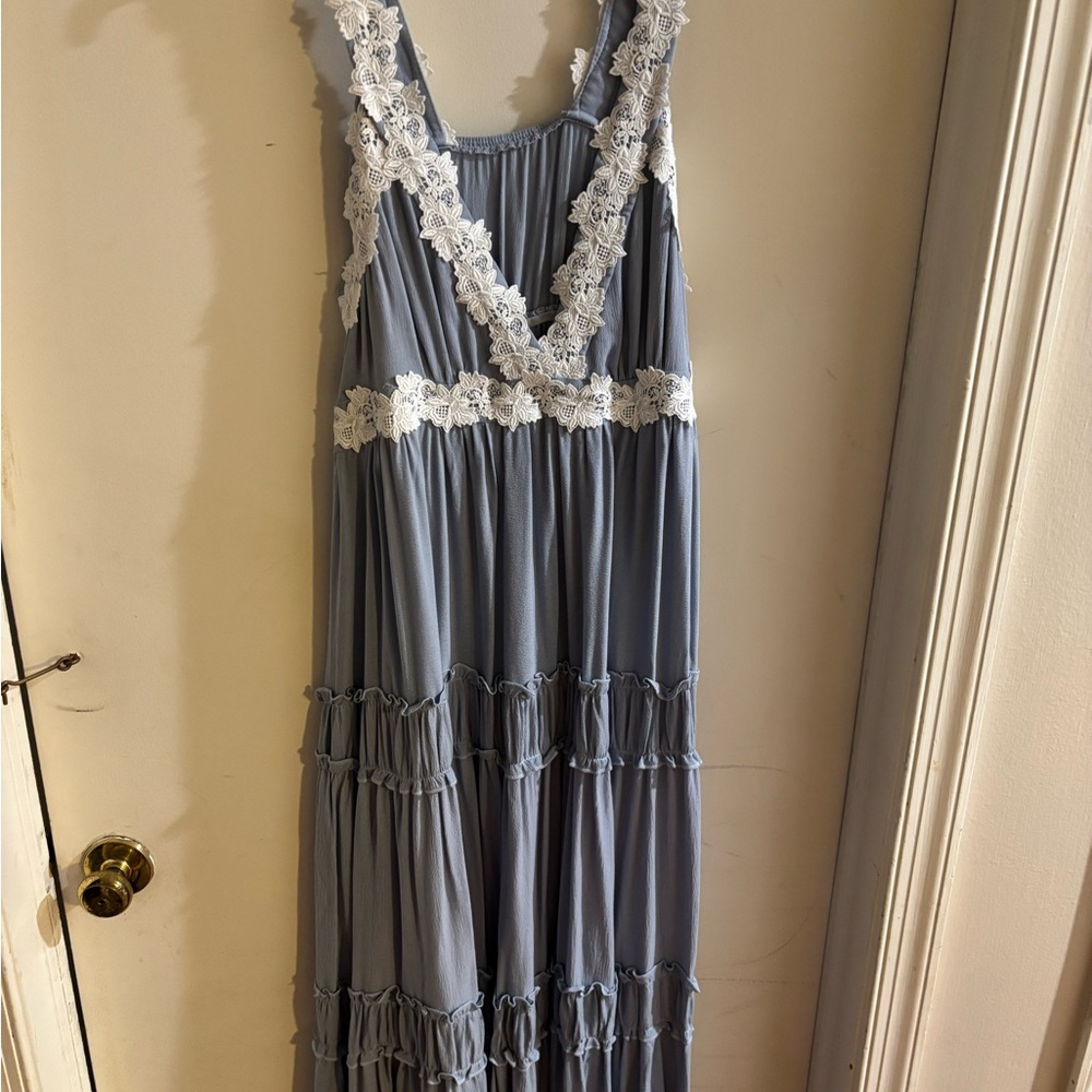 SHEIN Blue Maxi Dress with White Lace